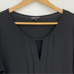 Express black pleated front keyhole neck LS blouse, M